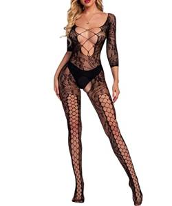 Buitifo Damen Fischernetz Bodystocking Sexy Catsuit Frau mit offenem Schritt Nachtwäsche Schwarz Hohl Reizwäsche Strumpfhose Dessous(Schwarz SYJC,Einheitsgröße) von Buitifo