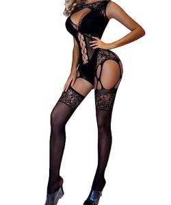 Buitifo Damen Fischernetz Bodystocking Sexy Catsuit Frau mit offenem Schritt Nachtwäsche Schwarz Hohl Reizwäsche Strumpfhose Dessous(Schwarz XDD,Einheitsgröße) von Buitifo