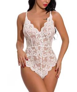 Buitifo Damen Spitze Bodysuit EIN Stück Babydoll Rückenlos Mini Teddy V-Ausschnitt Dessous(White T1,S) von Buitifo