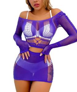 Buitifo Frauen Dessous Set Sexy Mesh Two Piece Sets Langarm Tops und Bodycon Röcke（Purple,One Size von Buitifo