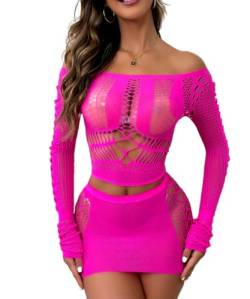 Buitifo Frauen Dessous Set Sexy Mesh Two Piece Sets Langarm Tops und Bodycon Röcke（Rose,One size von Buitifo