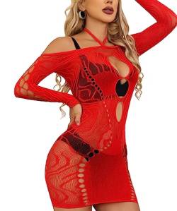 Buitifo Frauen Kleider Sexy Halter Bodycon Midi Kleid Mesh Nachthemd Dessous(Red,M) von Buitifo