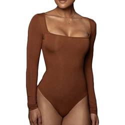 Buliezy Body Dame Langarm Bodysuits mit Elegant Slimming Jumpsuit Stringbody Dünnes Vlies Warm Unterhemden,Braun,M von Buliezy