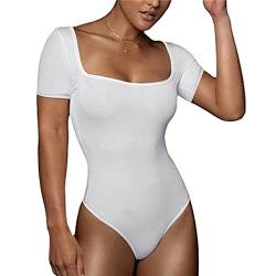 Buliezy Body Damen Kurzarmbody Bodysuit mit quadratischem Ausschnitt Slim Elegant Overall Jumpsuit Sexy Tops für Frauen,Weiß,L von Buliezy