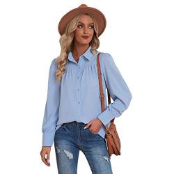 Buliezy Damen Bluse Langarm Shirt Hemd Elegant Oberteile Business Hemdbluse Classic Tops,Blau,L von Buliezy