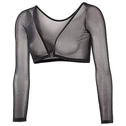 Buliezy Damen Crop Top Durchsichtig Oberteil Mesh Bauchfrei Oberteil Tops Netzstoff Shirt Frauen Spitze Ärmel Sommer Tiefen V-Ausschnitt, Vorne Offen Elastisch Sexy Spitze Futter von Buliezy