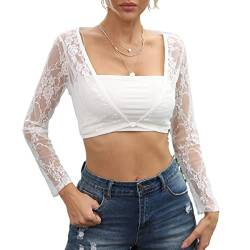 Buliezy Damen Crop Top Durchsichtig Oberteil Mesh Bauchfrei Oberteil Tops Netzstoff Shirt Frauen Spitze Ärmel Sommer Tiefen V-Ausschnitt, Vorne Offen Elastisch Sexy Spitze Futter von Buliezy