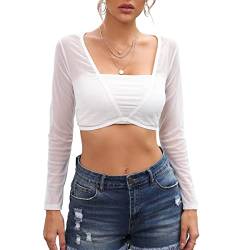 Buliezy Damen Crop Top Durchsichtig Oberteil Mesh Bauchfrei Oberteil Tops Netzstoff Shirt Frauen Spitze Ärmel Sommer Tiefen V-Ausschnitt, Vorne Offen Elastisch Sexy Spitze Futter von Buliezy