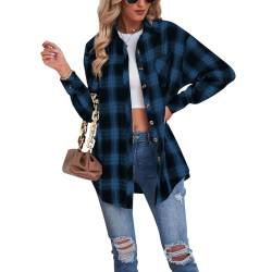 Buliezy Damen Karierte Bluse Oversized Hemdjack Langarmshirt Elegant Hemd Oberteile,Blau,XL von Buliezy