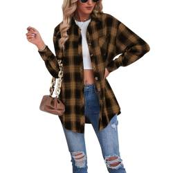 Buliezy Damen Karierte Bluse Oversized Hemdjack Langarmshirt Elegant Hemd Oberteile,Khaki,L von Buliezy