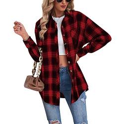 Buliezy Damen Karierte Bluse Oversized Hemdjack Langarmshirt Elegant Hemd Oberteile,Rot,XL von Buliezy