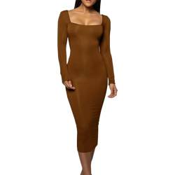 Buliezy Kleider Damen Elegant Langarm Figurbetontes Kleid Quadratischer Ausschnitt Lang Freizeitkleid Sexy Bodycon Partykleid,braun M von Buliezy