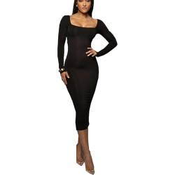 Buliezy Kleider Damen Elegant Langarm Figurbetontes Kleid Quadratischer Ausschnitt Lang Freizeitkleid Sexy Bodycon Partykleid,schwarz M von Buliezy