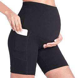 Buliezy Schwarze Umstands-Yoga-Shorts, hoch über Bump, Shapewear hohe Taille, Nahtlose Unterstützung, weiche aktive Schwangerschafts-Höschen mit Handy-Taschen M Schwarz von Buliezy