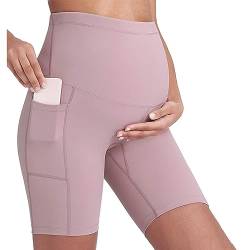 Buliezy Umstandsshorts Damen Umstandshose Over The Belly Schwangerschaft Legging Umstandsmode Yoga-Sportshorts,Rosa,L von Buliezy