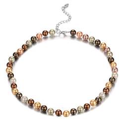 Bulinlin Damen Silber Muschel Perlenkette Boho Statement Strang Perlen Choker Halskette Modeschmuck Geschenke für Frauen(8mm Brown) von Bulinlin