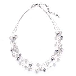 Bulinlin Damen Silber Perlenkette mit Kristall Statement Mehrreihige Boho Choker Halskette Modeschmuck Geburtstagsgeschenke für Frauen（15-White） von Bulinlin