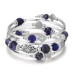 Bulinlin Damen Wickelarmband aus Natur Achat Stein Mehrschichtiges Perlen Silber Armkette Valentinstag Modeschmuck Geschenk (Marineblau) von Bulinlin