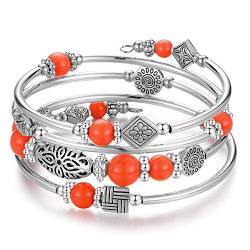 Bulinlin Damen Wickelarmband aus Natur Achat Stein Mehrschichtiges Perlen Silber Armkette Valentinstag Modeschmuck Geschenk (Orange) von Bulinlin