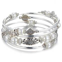 Bulinlin Damen Wickelarmband aus Natur Achat Stein Mehrschichtiges Perlen Silber Armkette Valentinstag Modeschmuck Geschenk (White pearl) von Bulinlin