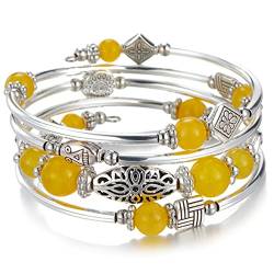 Bulinlin Damen Wickelarmband aus Natur Achat Stein Mehrschichtiges Perlen Silber Armkette Valentinstag Modeschmuck Geschenk (Yellow) von Bulinlin