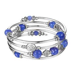 Bulinlin Damen Wickelarmband mit Achat Stein Silber Mehrschichtiges Perlen Armbänder Geburtstags Modeschmuck Geschenk für Frauen(Blue) von Bulinlin