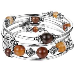 Bulinlin Damen Wickelarmband mit Achat Stein Silber Mehrschichtiges Perlen Armbänder Geburtstags Modeschmuck Geschenk für Frauen(Brown) von Bulinlin