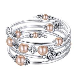 Bulinlin Damen Wickelarmband mit Achat Stein Silber Mehrschichtiges Perlen Armbänder Geburtstags Modeschmuck Geschenk für Frauen(Champagne) von Bulinlin