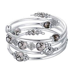 Bulinlin Damen Wickelarmband mit Achat Stein Silber Mehrschichtiges Perlen Armbänder Geburtstags Modeschmuck Geschenk für Frauen(Grey) von Bulinlin