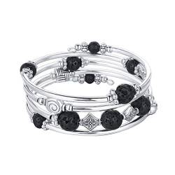 Bulinlin Damen Wickelarmband mit Achat Stein Silber Mehrschichtiges Perlen Armbänder Geburtstags Modeschmuck Geschenk für Frauen(Lava Black) von Bulinlin