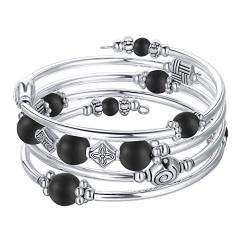 Bulinlin Damen Wickelarmband mit Achat Stein Silber Mehrschichtiges Perlen Armbänder Geburtstags Modeschmuck Geschenk für Frauen(Matte Black) von Bulinlin