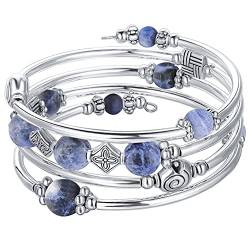 Bulinlin Damen Wickelarmband mit Achat Stein Silber Mehrschichtiges Perlen Armbänder Geburtstags Modeschmuck Geschenk für Frauen(Navy Blue) von Bulinlin