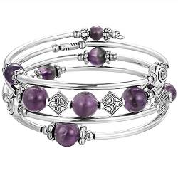 Bulinlin Damen Wickelarmband mit Achat Stein Silber Mehrschichtiges Perlen Armbänder Geburtstags Modeschmuck Geschenk für Frauen(Purple) von Bulinlin