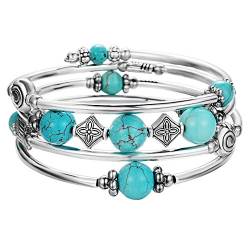 Bulinlin Damen Wickelarmband mit Achat Stein Silber Mehrschichtiges Perlen Armbänder Geburtstags Modeschmuck Geschenk für Frauen(Turquoise) von Bulinlin