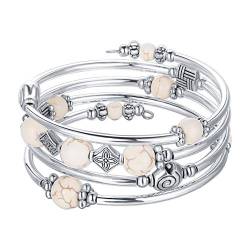 Bulinlin Damen Wickelarmband mit Achat Stein Silber Mehrschichtiges Perlen Armbänder Geburtstags Modeschmuck Geschenk für Frauen(White Turquoise) von Bulinlin