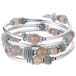 Bulinlin Silber Wickelarmband mit Naturstein Perlen Boho Mehrschichtiges Damen Armbänder Geburtstags Modegeschenk für Frauen(Agate Grey) von Bulinlin