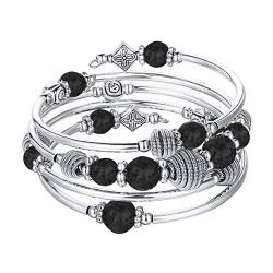 Bulinlin Silber Wickelarmband mit Naturstein Perlen Boho Mehrschichtiges Damen Armbänder Geburtstags Modegeschenk für Frauen(Lava Stone) von Bulinlin