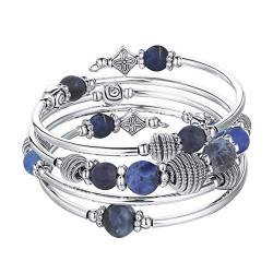 Bulinlin Silber Wickelarmband mit Naturstein Perlen Boho Mehrschichtiges Damen Armbänder Geburtstags Modegeschenk für Frauen(Navy Blue) von Bulinlin