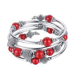 Bulinlin Silber Wickelarmband mit Naturstein Perlen Boho Mehrschichtiges Damen Armbänder Geburtstags Modegeschenk für Frauen(Red) von Bulinlin