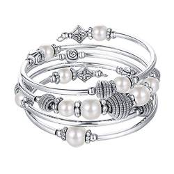 Bulinlin Silber Wickelarmband mit Naturstein Perlen Boho Mehrschichtiges Damen Armbänder Geburtstags Modegeschenk für Frauen(White Pearl) von Bulinlin