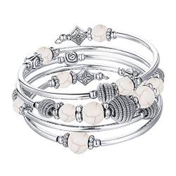 Bulinlin Silber Wickelarmband mit Naturstein Perlen Boho Mehrschichtiges Damen Armbänder Geburtstags Modegeschenk für Frauen(White Turquoise) von Bulinlin