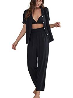 Bunanphy Damen-Pyjama-Set, Baumwolle, Pyjama für Damen, kurzärmelig, Freund, Nachtwäsche, lässige Nachtwäsche, 3-teiliges Set, B-schwarz, 38 von Bunanphy