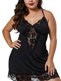 Bunanphy Frauen Sexy Plus Größe Spitze Trim Babydoll Satin Nachthemd Schlafanzug Negligee Sets Schwarz #A 4X-Large von Bunanphy