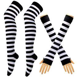 Gestreifte lange Strickhandschuhe, kniehohe Socken, Leggings, Party-Kostüm-Zubehör, 2 Paar Set Gr. Einheitsgröße, schwarz/weiß von BundleMall