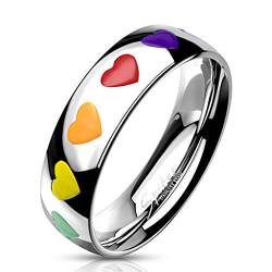 Bungsa 49 (15.6) REGENBOGEN Herz Ring Damen - silberner EDELSTAHLRING für Frauen mit bunten Herzen - DAMENRING mit grünem, gelbem, orangem, rotem & violettem Herz - RAINBOW LGBT Gay Pride von Bungsa