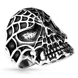 Bungsa 64 (20.4) Totenkopf Skull Ring mit Spinnennetz für Herren (Edelstahl Fingerring Edelstahlring Chirurgenstahl Biker Gothic Death silber schwarz) von Bungsa