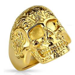 Bungsa 70 (22.3) Goldener Totenkopf Ring verziert massiv Edelstahl Männer Skull 60 62 64 67 70 72 (Herren Fingerring Männerring Edelstahlring Chirurgenstahl Biker Outlaw MC Harley SOA) von Bungsa