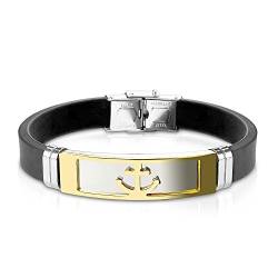 Bungsa Armband goldener Anker aus Silikon schwarz - mit silberner Edelstahlplatte & Klickverschluss - Herren-Armband für Männer von Bungsa