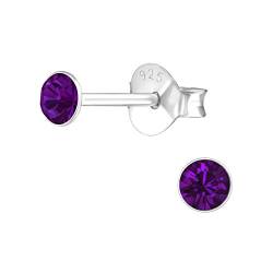 Bungsa Dunkles Violett - Ohrstecker mit echtem europäischem Kristall (LA CRYSTALE) 3mm rund aus .925 Sterling Silber von Bungsa