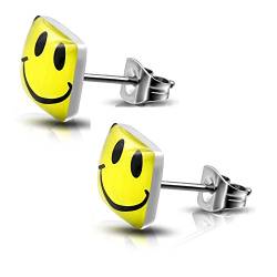 Bungsa Ohrstecker HAPPY SMILEY silber/gelb - eckige Ohrringe mit lachendem SMILEY - nickelfreier EDELSTAHL Ohrschmuck für Kinder, Frauen & Männer - niedliche EMOJI Earstuds mit Smiley von Bungsa